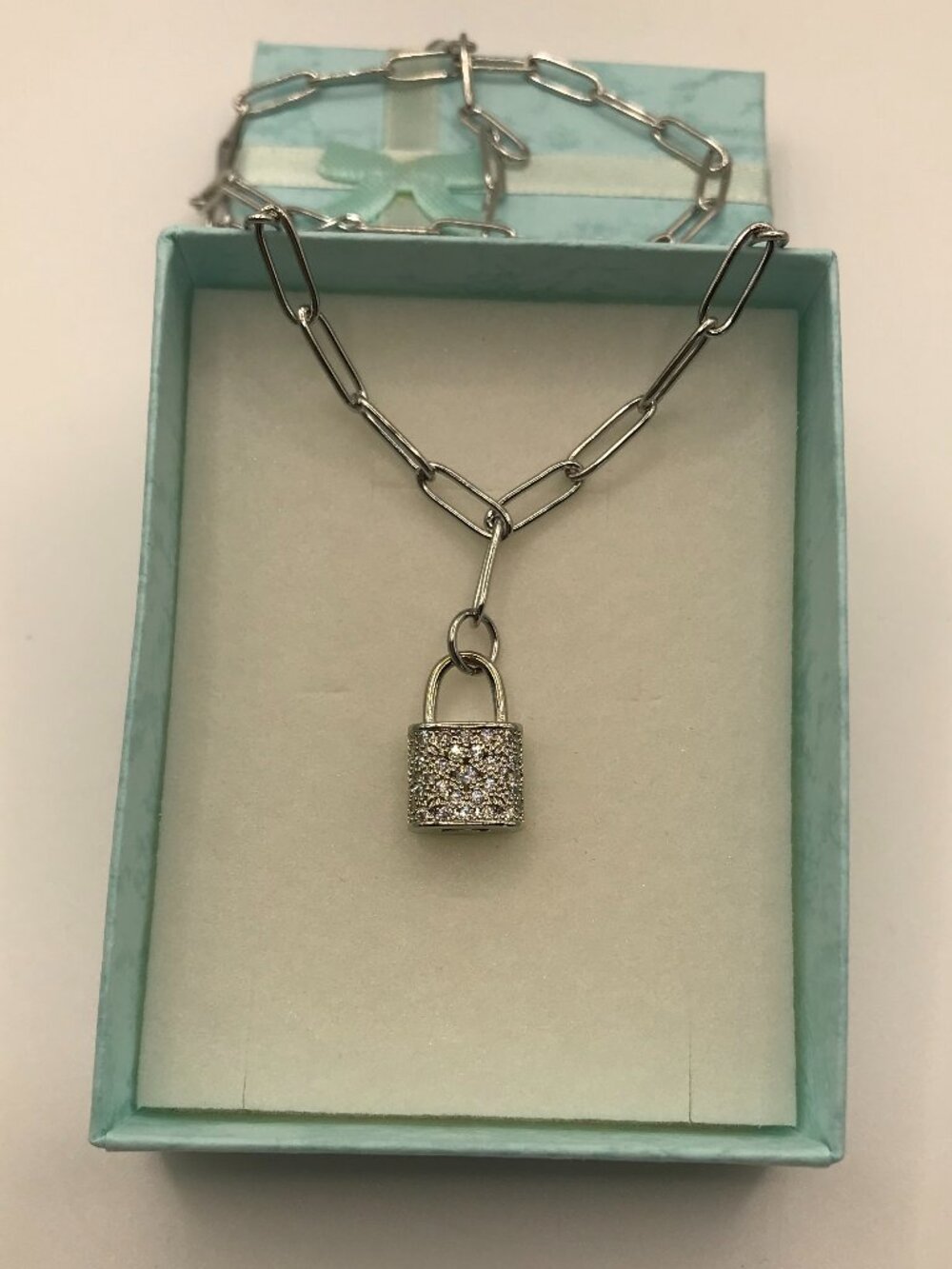 Micro Pave Cubic Zirconia Lock Pendant 18-in Stainless Steel Paperclip Chain